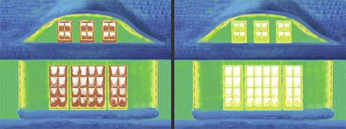 Bild einer Wärmebildkamera: Energieverlust schlecht isolierte Fenster vs. gut isolierte Fenster